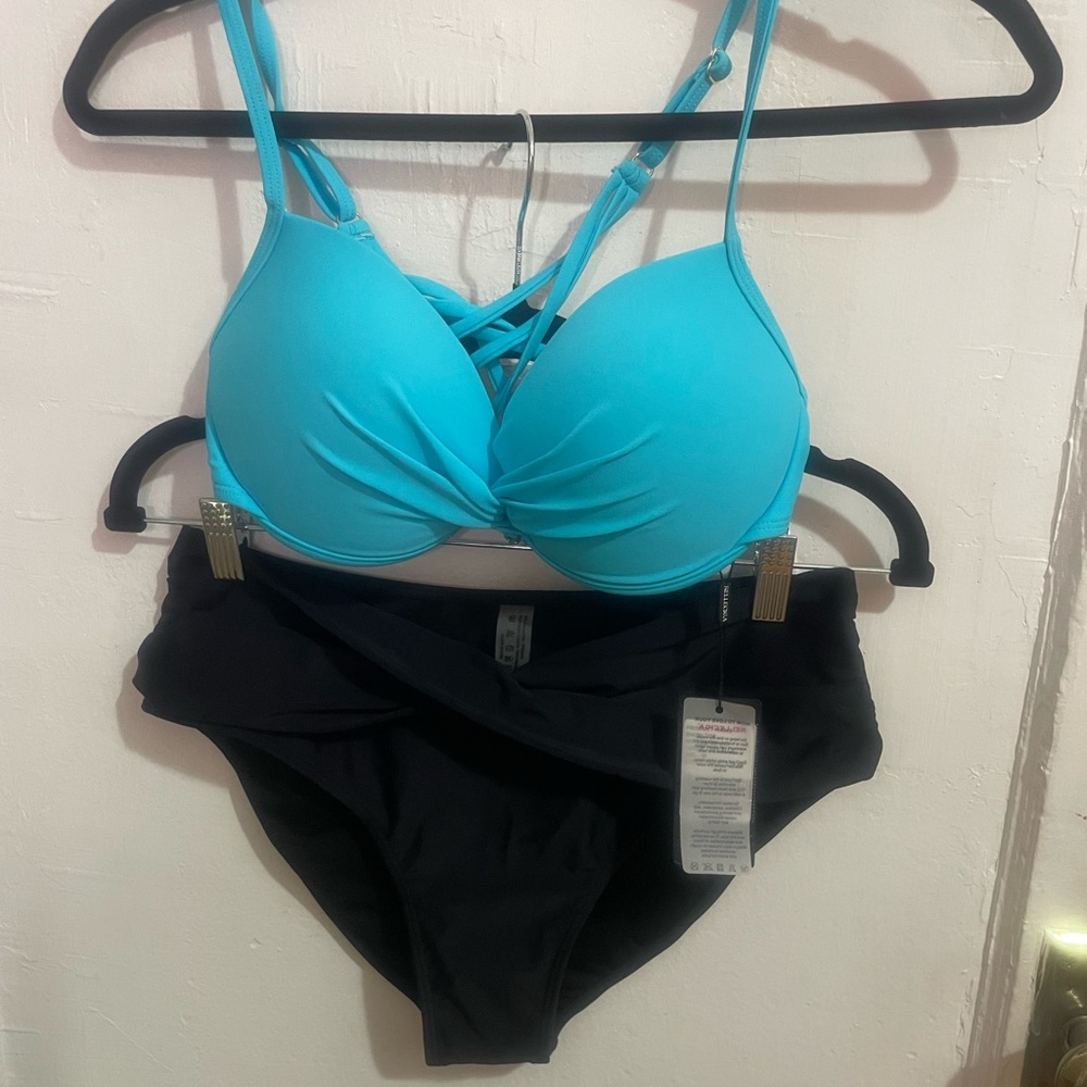Turquoise Push-Up Bikini Top with Black High-Waist Bottoms